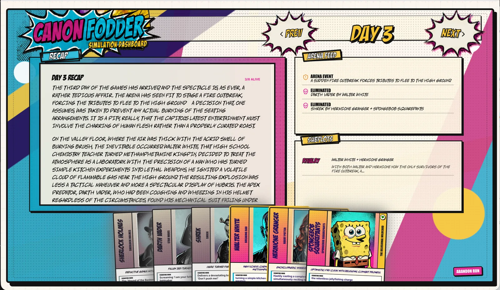 Canon Fodder day recap screen showing generated arena events, character status changes, and narrative progression.