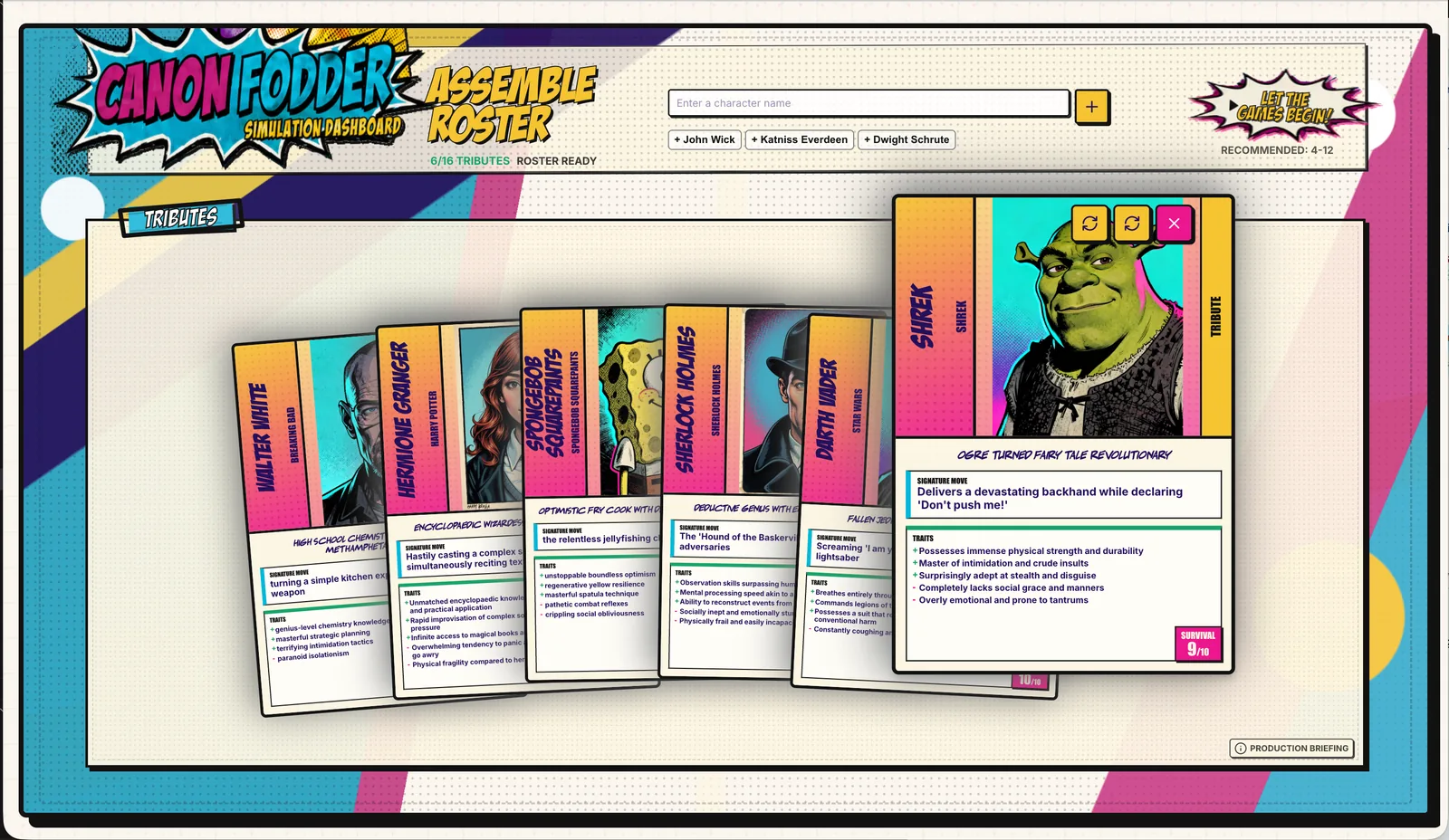 Canon Fodder roster setup screen showing character cards, simulation controls, and a configured arena run.